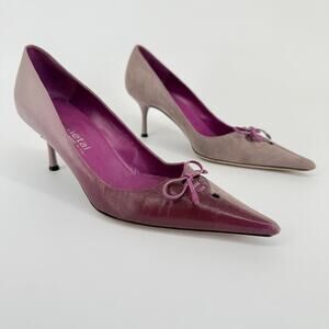 Y2K Gunmetal Italy Heels Size 6.5 EU 37 Pink Purple‎ Kitten Bow Pointed Toe